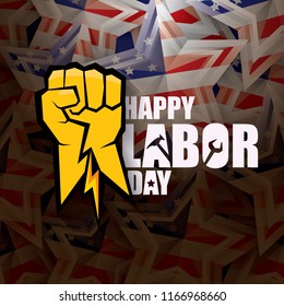 labor day Usa vector label or background. vector happy labor day poster or banner with clenched fist isolated on usa flag background . Labor union icon