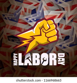labor day Usa vector label or background. vector happy labor day poster or banner with clenched fist isolated on usa flag background . Labor union icon