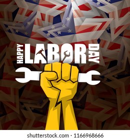 labor day Usa vector label or background. vector happy labor day poster or banner with clenched fist isolated on usa flag background . Labor union icon