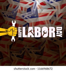 labor day Usa vector label or background. vector happy labor day poster or banner with clenched fist isolated on usa flag background . Labor union icon