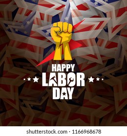 labor day Usa vector label or background. vector happy labor day poster or banner with clenched fist isolated on usa flag background . Labor union icon