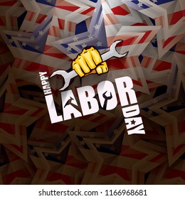 labor day Usa vector label or background. vector happy labor day poster or banner with clenched fist isolated on usa flag background . Labor union icon