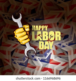labor day Usa vector label or background. vector happy labor day poster or banner with clenched fist isolated on usa flag background . Labor union icon
