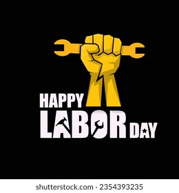 LABOR DAY USA etiqueta vectorial o fondo de banner. afiche o cartel del día del trabajo feliz con vectores con puño cerrado aislado en negro . Icono de la unión laboral