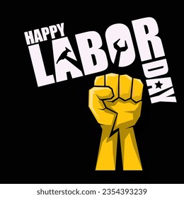 LABOR DAY USA vector label or banner background. vector happy labor day poster or banner with clenched fist isolated on black . Labor union icon