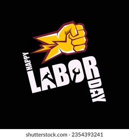 LABOR DAY USA etiqueta vectorial o fondo de banner. afiche o cartel del día del trabajo feliz con vectores con puño cerrado aislado en negro . Icono de la unión laboral