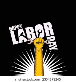 LABOR DAY USA vector label or banner background. vector happy labor day poster or banner with clenched fist isolated on black . Labor union icon