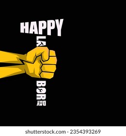 LABOR DAY USA etiqueta vectorial o fondo de banner. afiche o cartel del día del trabajo feliz con vectores con puño cerrado aislado en negro . Icono de la unión laboral