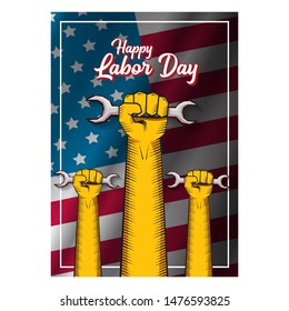 labor day Usa vertical poster, background or flyer with strong clenched  fist isolated on usa flag layout and greeting text . Labor union concept illustration