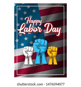 labor day Usa vertical poster, background or flyer with strong clenched  fist isolated on usa flag layout and greeting text . Labor union concept illustration