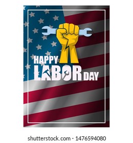 labor day Usa vertical poster, background or flyer with strong clenched  fist isolated on usa flag layout and greeting text . Labor union concept illustration