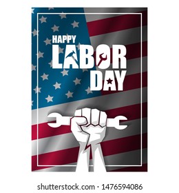 labor day Usa vertical poster, background or flyer with strong clenched  fist isolated on usa flag layout and greeting text . Labor union concept illustration