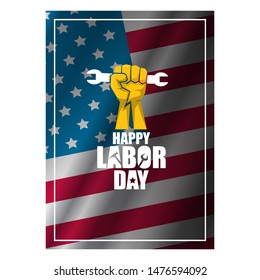 labor day Usa vertical poster, background or flyer with strong clenched  fist isolated on usa flag layout and greeting text . Labor union concept illustration