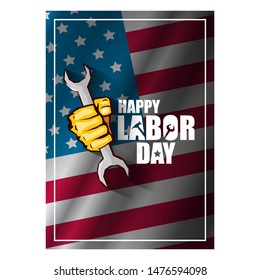 labor day Usa vertical poster, background or flyer with strong clenched  fist isolated on usa flag layout and greeting text . Labor union concept illustration