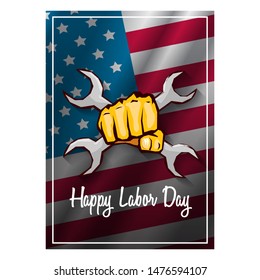 labor day Usa vertical poster, background or flyer with strong clenched  fist isolated on usa flag layout and greeting text . Labor union concept illustration
