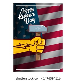 labor day Usa vertical poster, background or flyer with strong clenched  fist isolated on usa flag layout and greeting text . Labor union concept illustration