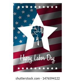 labor day Usa vertical poster, background or flyer with strong clenched  fist isolated on usa flag layout and greeting text . Labor union concept illustration