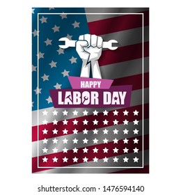 labor day Usa vertical poster, background or flyer with strong clenched  fist isolated on usa flag layout and greeting text . Labor union concept illustration