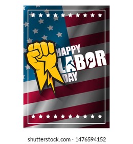 labor day Usa vertical poster, background or flyer with strong clenched  fist isolated on usa flag layout and greeting text . Labor union concept illustration
