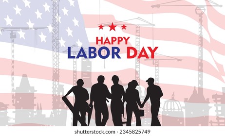 labor day vector background design with buildings ornament, us flag and people silhouette