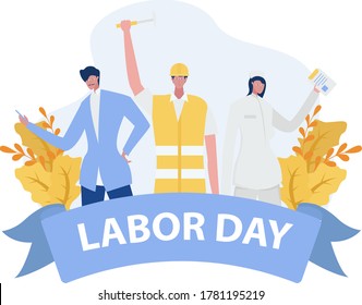 Labor Day vector concept: Businessman, Engineer, and a female doctor raising arms in unity on Labor Day