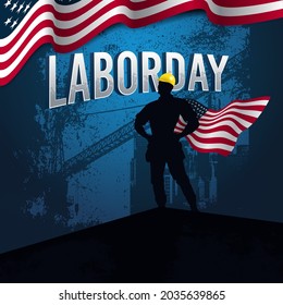 labor day vector graphic vector template with a superhero wearing a safety helmet for social media post, greeting card, flyer, poster, etc.