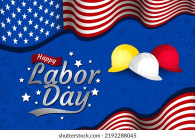 Labor Day Vector greeting card. United States national holiday 2022 illustration with United States flag safety helmet