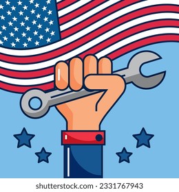 labor day vector with hand holding tool and usa flag. vector illustration