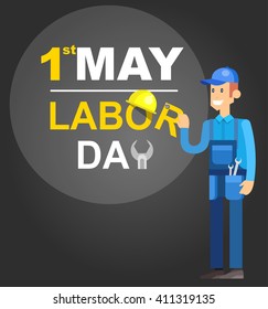  Labor day vector illustration with character of the worker and  construction tools