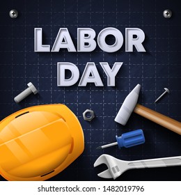 Labor day - Vector illustration design template banner. Builder tools such as hummer, screwdriver, wrench, e.t.c and safety helmet on grunge grid background. 