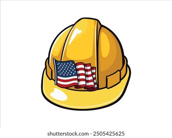 Ilustración vectorial del Día del Trabajo con Casco y Herramientas. Diseño patriótico de trabajadores estadounidenses.