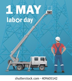 Labor day vector illustration, hydraulic ram and worker, blue 