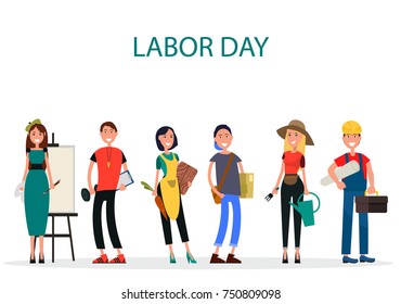 Labor day of vector illustration of painter near easel, physical teacher with dumbbell, housewife with carrot, student and builder, gardener