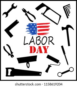 labor day. vector illustration of tools and the flag of America