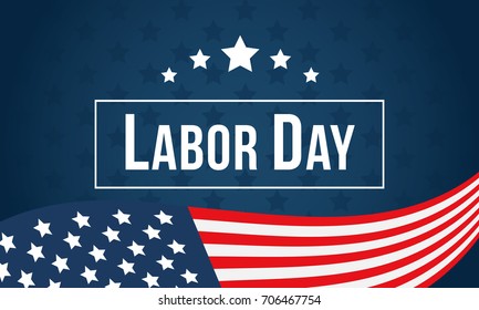 Labor day vector illustration, USA flag waving on blue star pattern background.