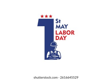Labor Day vector with large number 1, red stars, and construction worker silhouette. Ideal for May 1st celebration banners and posters.