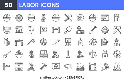 Labor Day vector line icon set. Contains linear outline icons like Helmet, Screwdriver, Worker, Vest, Flag, Crane, Brick, Roller, Gear, Construction, Builder, Factory, Hardhat. Editable use and stroke