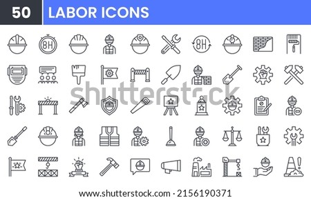 Labor Day vector line icon set. Contains linear outline icons like Helmet, Screwdriver, Worker, Vest, Flag, Crane, Brick, Roller, Gear, Construction, Builder, Factory, Hardhat. Editable use and stroke