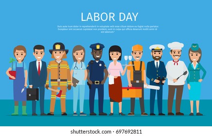 Labor day vector poster of policeman and lifesaver, sailor and cook, stewardess and doctor, manager with briefcase,, grower with plant near waiter