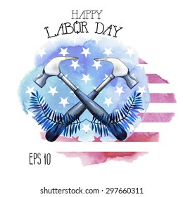 Labor day.  Watercolor crossed hammers with floral design and stilized USA flag on background. Vector holiday card isolated on white background