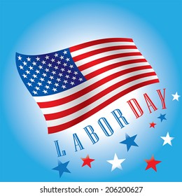 Labor Day of waving American Flag on blue background. Vector illustration