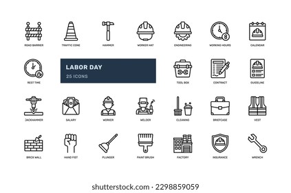 Labor day worker engineer element with tolls maintenance detailed outline line icon set