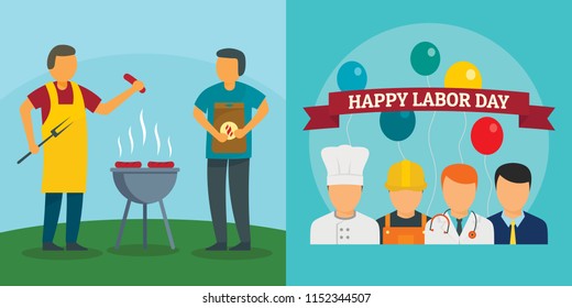Labor Day workers celebration banner concept set. Flat illustration of 2 Labor Day workers celebration vector banner concepts for web