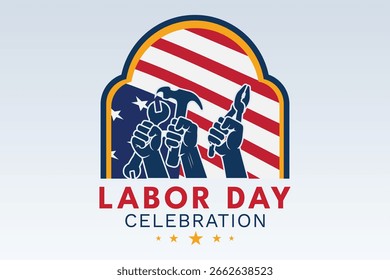 Trabajadores de día de trabajo con herramientas y bandera de Estados Unidos