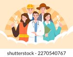 Labor day, working people of various professions communicate, with buildings and labor tools in the background, vector illustration