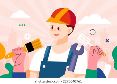 Día del trabajo, trabajadores de diversas profesiones se comunican, con edificios e instrumentos laborales en segundo plano, ilustración vectorial