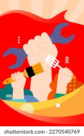 Día del trabajo, trabajadores de diversas profesiones se comunican, con edificios e instrumentos laborales en segundo plano, ilustración vectorial