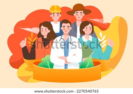 Labor day, working people of various professions communicate, with buildings and labor tools in the background, vector illustration
