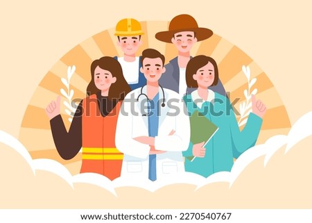Labor day, working people of various professions communicate, with buildings and labor tools in the background, vector illustration