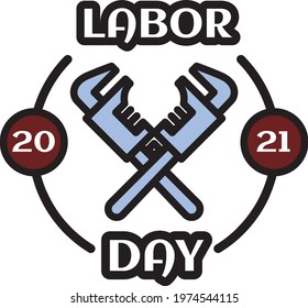 Labor Day working tools sign with pipe wrench, vector. T-shirt print.